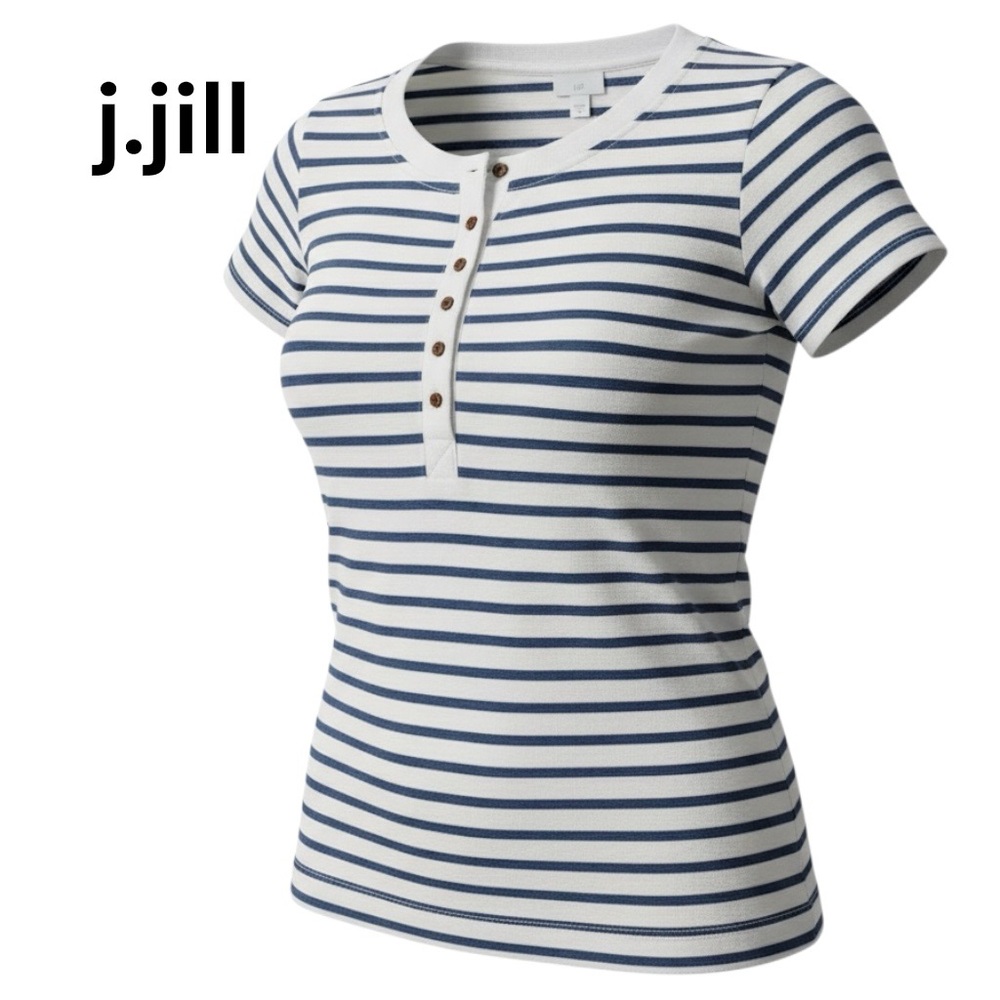 J. Jill Blue and White Striped Button Tee
